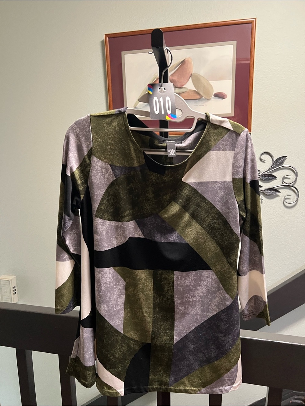 Alfani Olive Green, Gray & Black Geometric 3/4 Sleeve Top #DC010